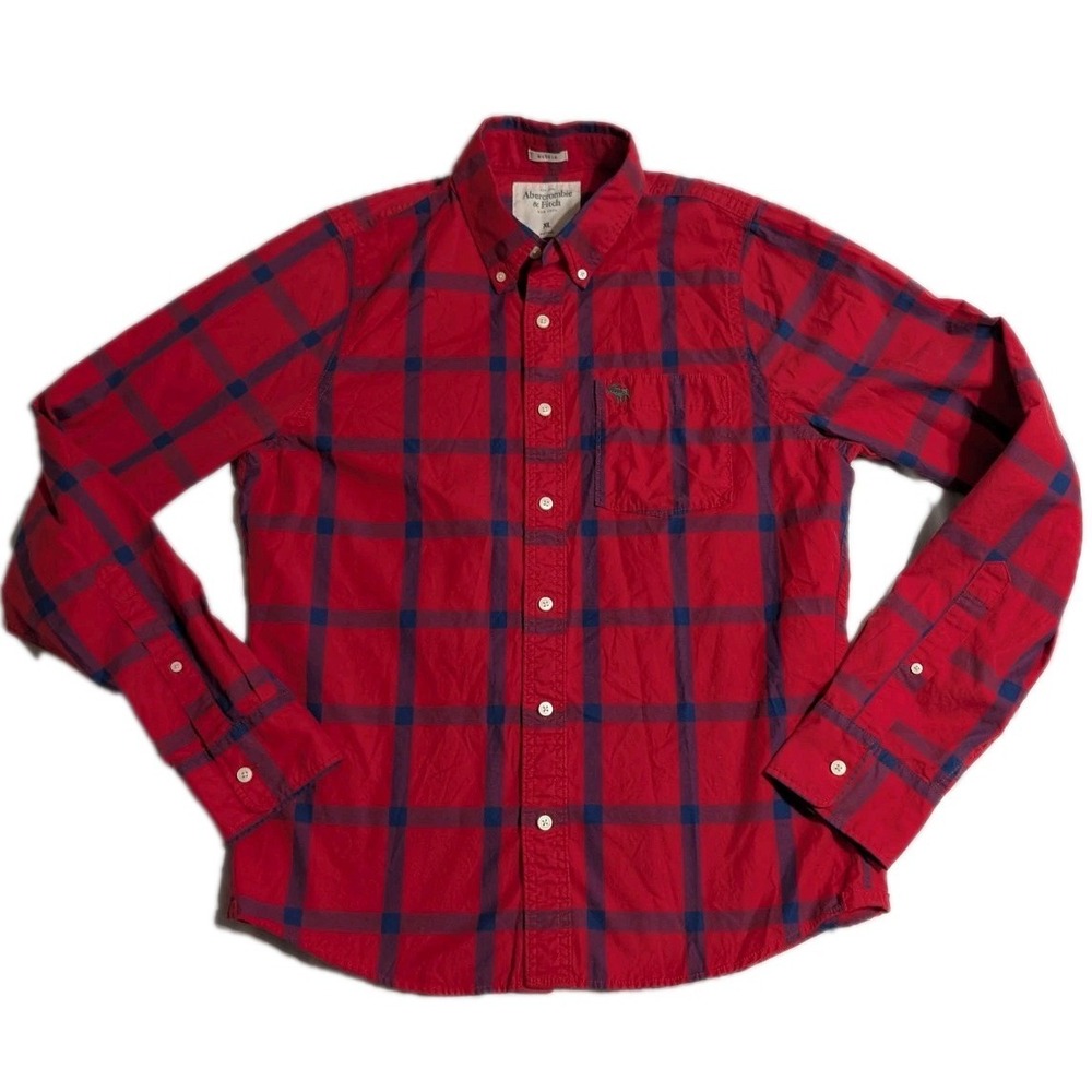 Abercrombie & Fitch Men's XL Muscle Fit Button Down Shirt Red Blue Plaid Long...